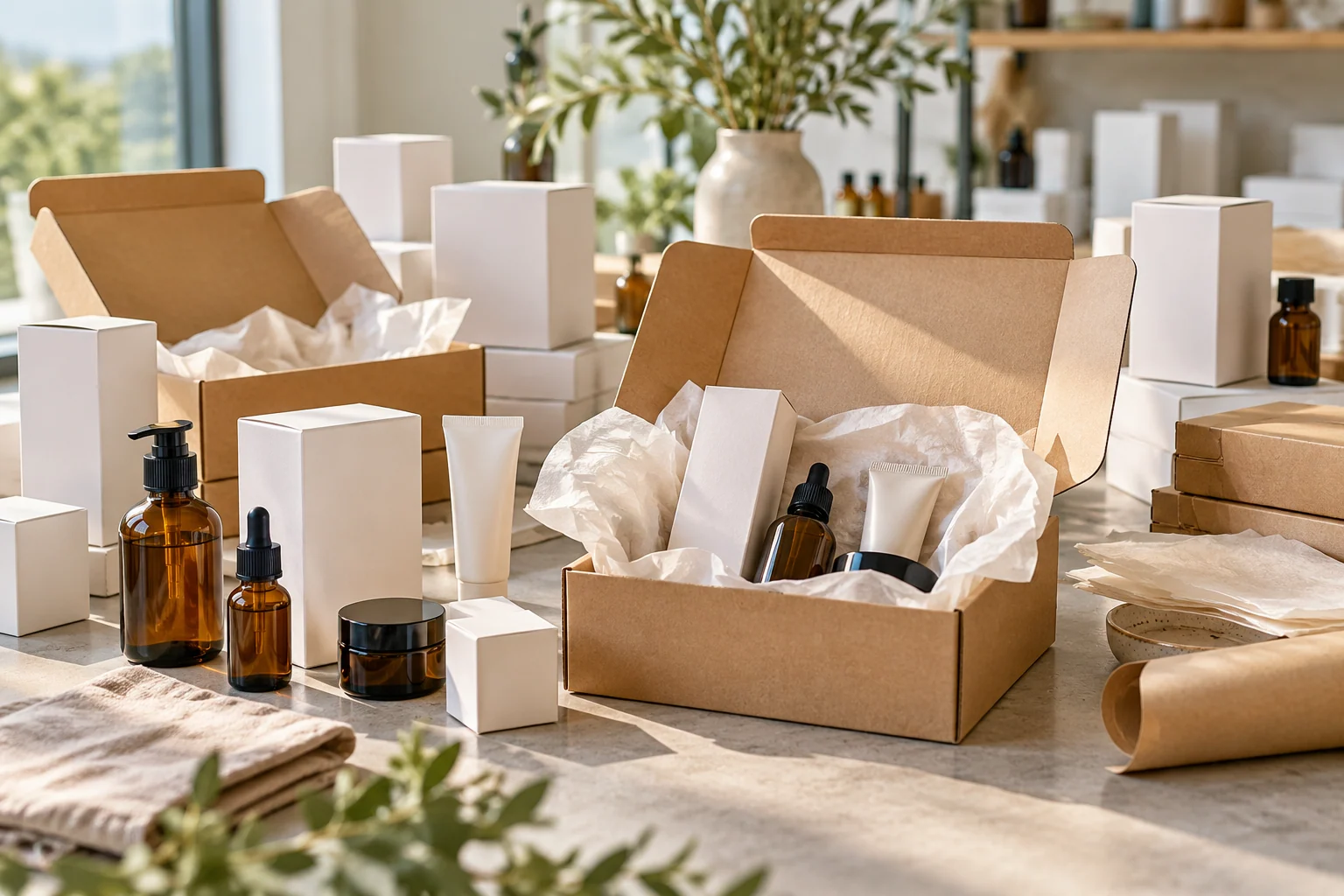 AI-created editorial illustration: Premium beauty wholesale packing scene: open small cardboard gift boxes, unbranded white cosmetic cartons, amber bottles and tissue paper arranged in a tidy modern studio, daylight.