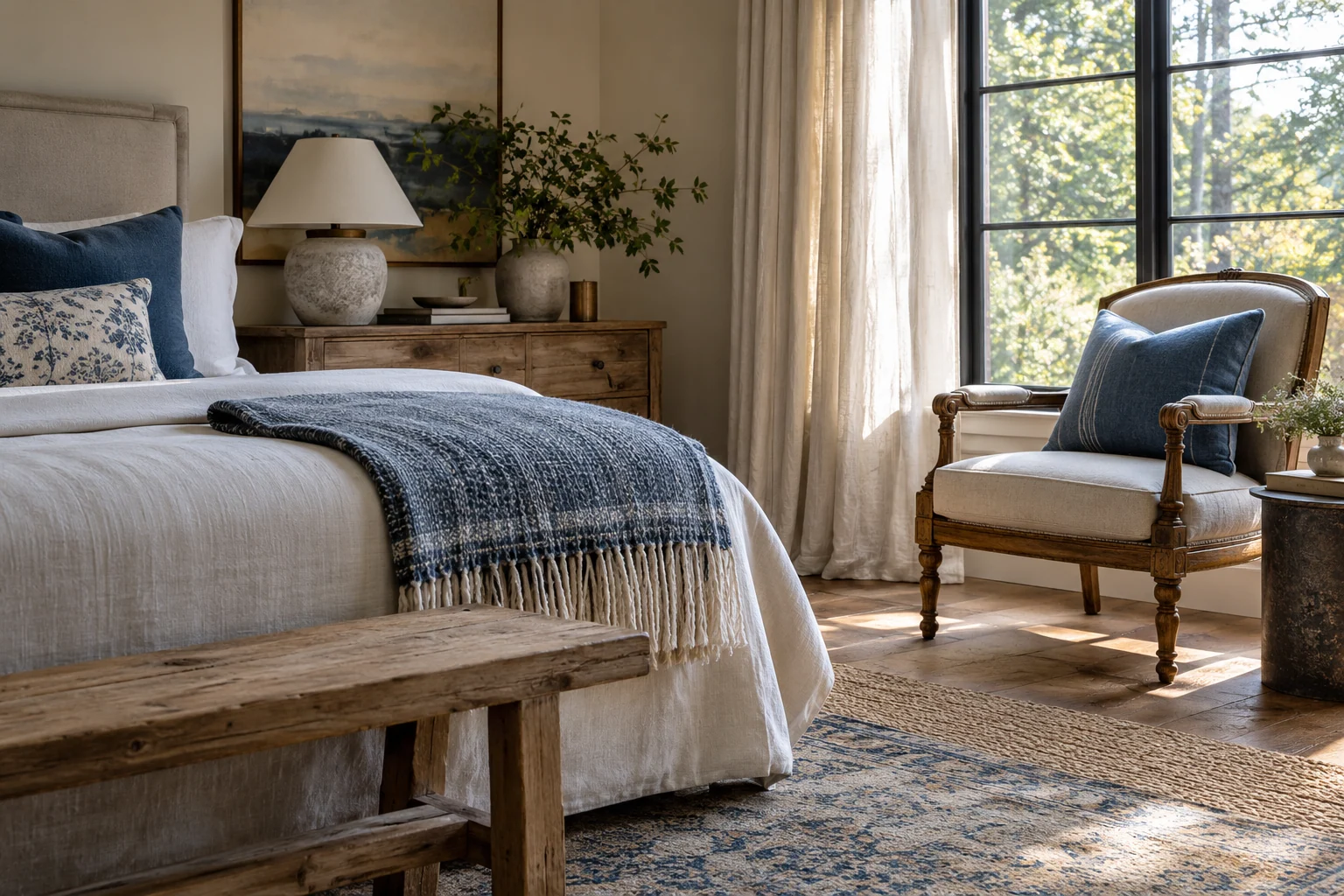 AI-created editorial illustration: An uncluttered guest room with a folded cotton throw and a vintage chair beside a window.